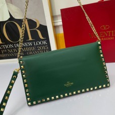 Valentino Garavani Large Rockstud Wristlet Clutch with Chain In Calfskin Green