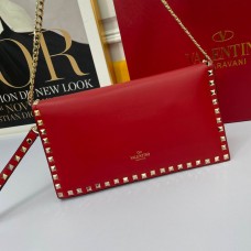 Valentino Garavani Large Rockstud Wristlet Clutch with Chain In Calfskin Red