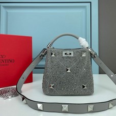 Valentino Garavani Mini Roman Stud Handbag with Sparkling Studs In Nappa Lambskin Grey