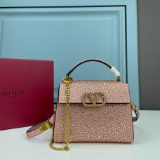 Valentino Garavani Mini Vsling Handbag with Sparkling Crystals In Calfskin CherryGold