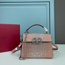 Valentino Garavani Mini Vsling Handbag with Sparkling Crystals In Calfskin CherrySilver