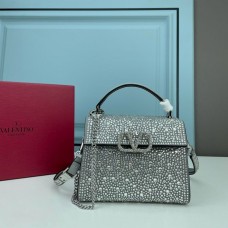 Valentino Garavani Mini Vsling Handbag with Sparkling Crystals In Calfskin Grey