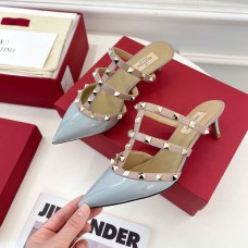 Valentino Garavani Rockstud Heeled Mules with Straps Women Patent Leather Sky Blue