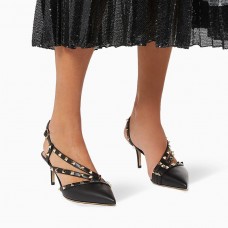 Valentino Garavani Rockstud Slingback Pumps with Asymmetric-Straps Women Calfskin Black