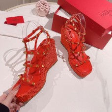 Valentino Garavani Rockstud Wedge Sandals with Ankle Strap Women Calfskin Red