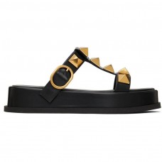 Valentino Garavani Roman Stud Platform Slides with T-Strap Women Calfskin Black