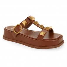 Valentino Garavani Roman Stud Platform Slides with T-Strap Women Calfskin Brown