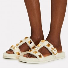 Valentino Garavani Roman Stud Slides with T-Strap Women Shearling White