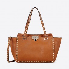 Valentino Garavani Small Rockstud Tote In Grainy Calfskin Brown