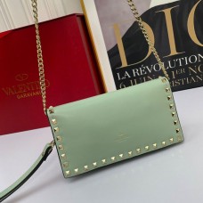 Valentino Garavani Small Rockstud Wristlet Clutch with Chain In Calfskin Mint Green