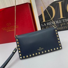 Valentino Garavani Small Rockstud Wristlet Clutch with Chain In Calfskin Navy Blue