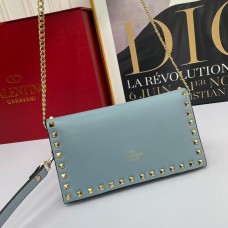 Valentino Garavani Small Rockstud Wristlet Clutch with Chain In Calfskin Sky Blue