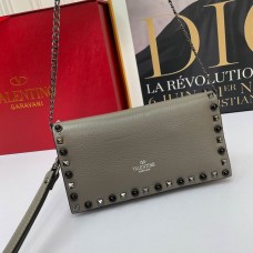 Valentino Garavani Small Rockstud Wristlet Clutch with Chain In Grainy Calfskin Khaki