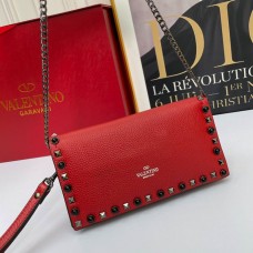 Valentino Garavani Small Rockstud Wristlet Clutch with Chain In Grainy Calfskin Red