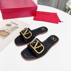 Valentino Garavani VLogo Signature Slides Women Weave Leather Black