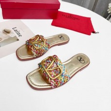 Valentino Garavani VLogo Signature Slides Women Weave Leather GoldMulticolor