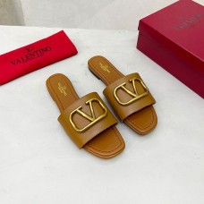 Valentino Garavani VLogo Signature Slides with Accessory Women Calfskin Brown