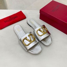 Valentino Garavani VLogo Signature Slides with Accessory Women Calfskin Silver