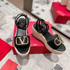 Valentino Garavani VLogo Signature Wedge Sandals Women Grained Calfskin Black